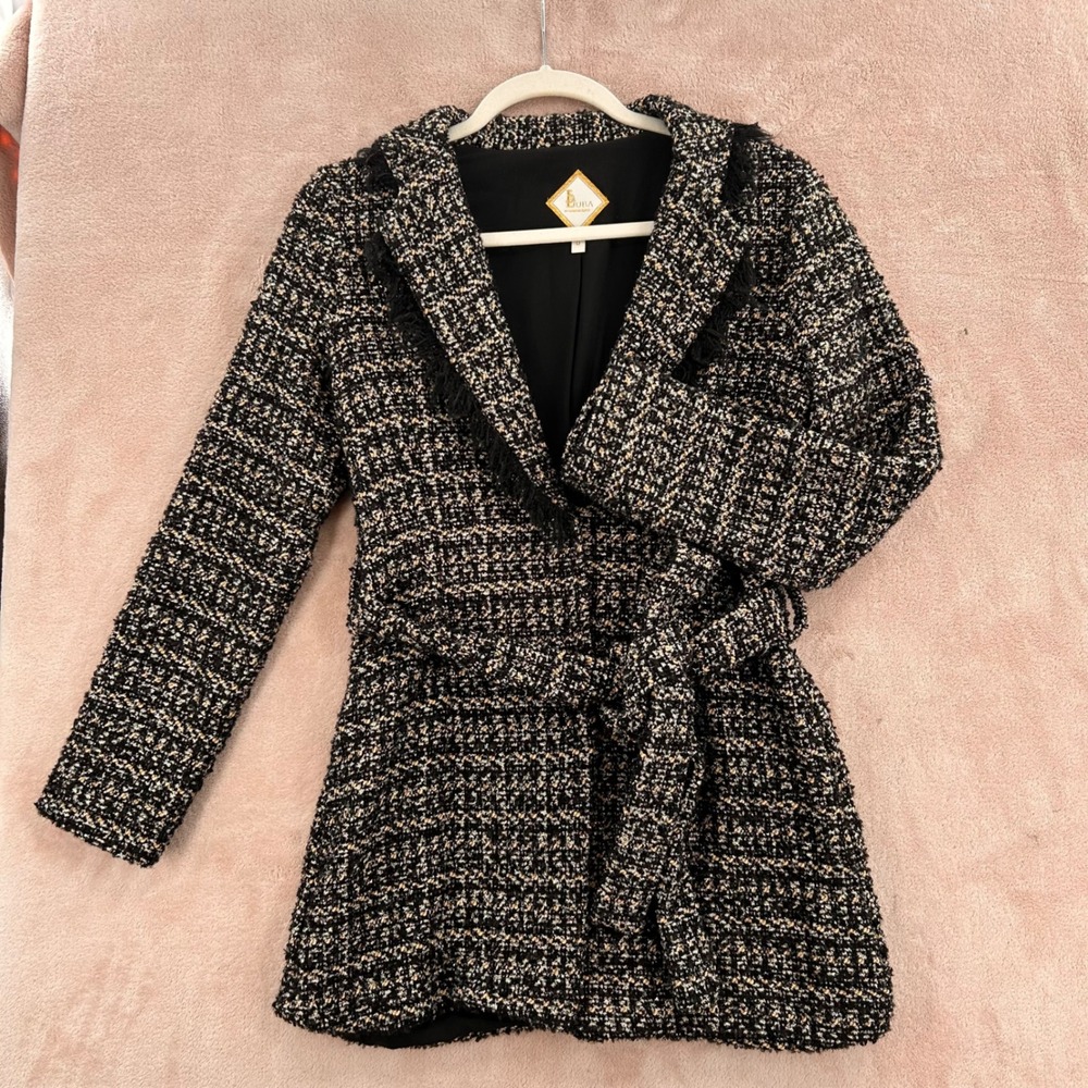 L'Agence Luba Tweed Fringe Belted Jacket Black Gold Wool Blend Size 0 - Picture 9 of 12